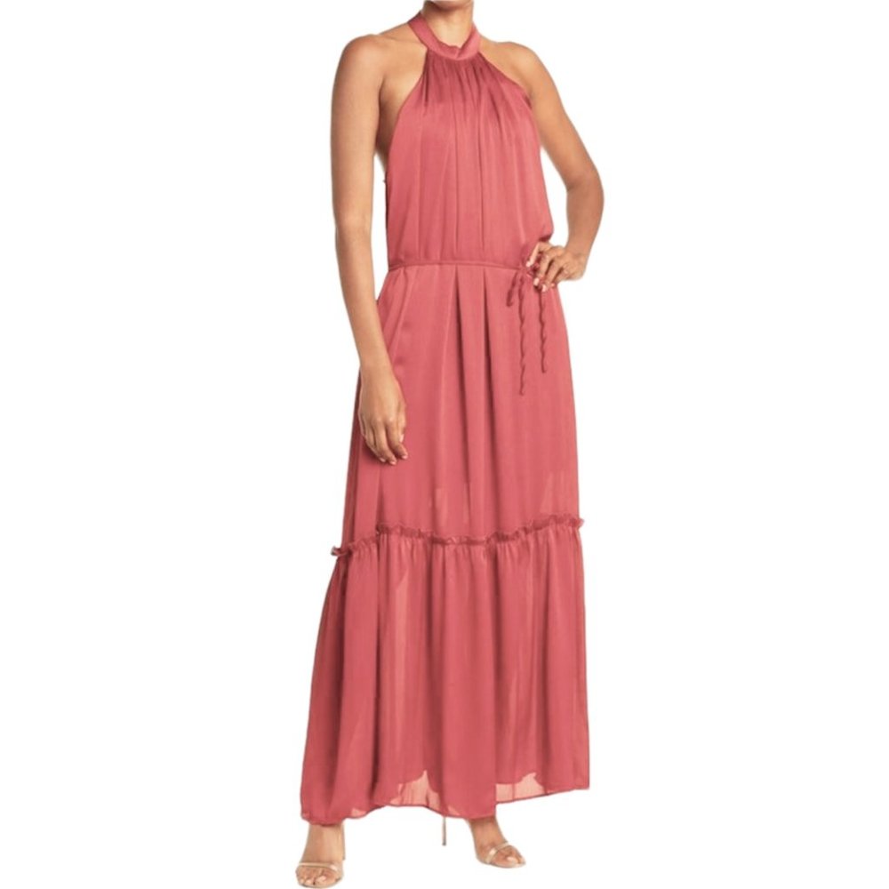 New One One Six Open Back High Neck Sleeveless Tiered Maxi Dress Clay Size Large